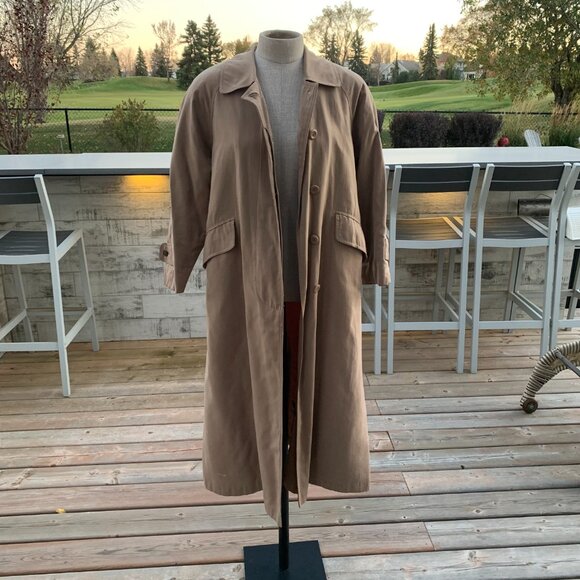 Vintage 80s 90s Trench Coat Overcoat Khaki Tan Long Classic Raincoat - Picture 7 of 16